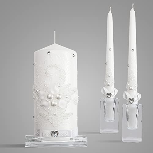 Perfect Wedding Candle Set with White Pearls and Crystals Optional Holder