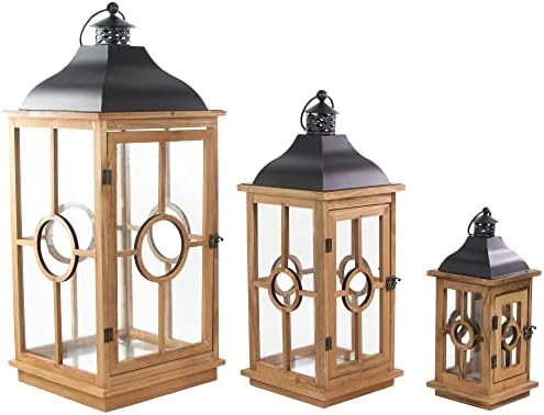 Set of 3 Natural Wood Candle Lanterns