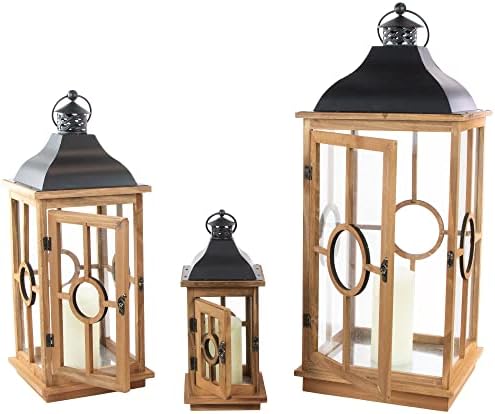 Set of 3 Natural Wood Candle Lanterns