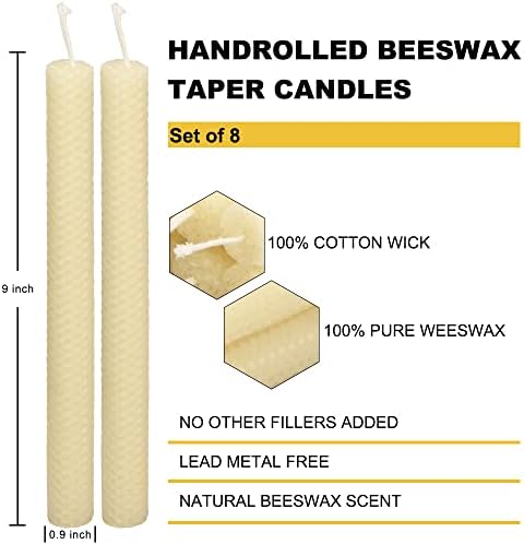 8-Pack 9 Hand-Rolled Beeswax Taper Candles Handmade Pure Soft Reusable