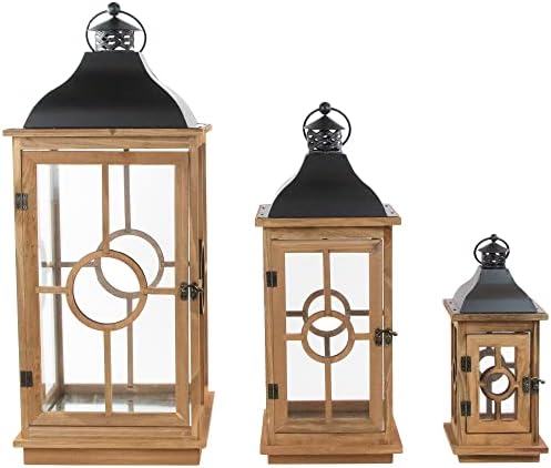 Set of 3 Natural Wood Candle Lanterns