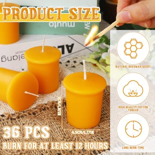 36 Pcs Pure Beeswax Votive Candles 15-Hr Burn Time Home Event Gift