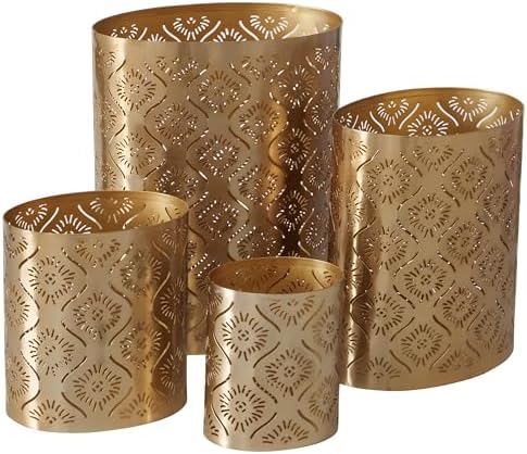 Modernist Metal Candle Holder Set Gold Star Gazer Lattice Set of 4