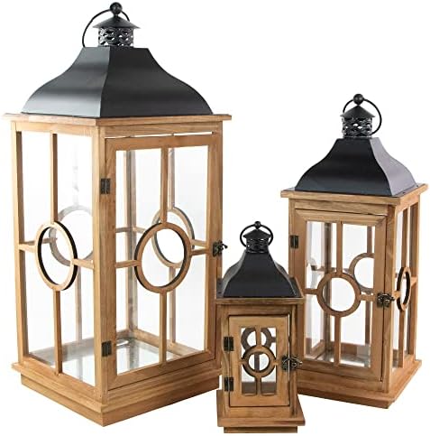 Set of 3 Natural Wood Candle Lanterns