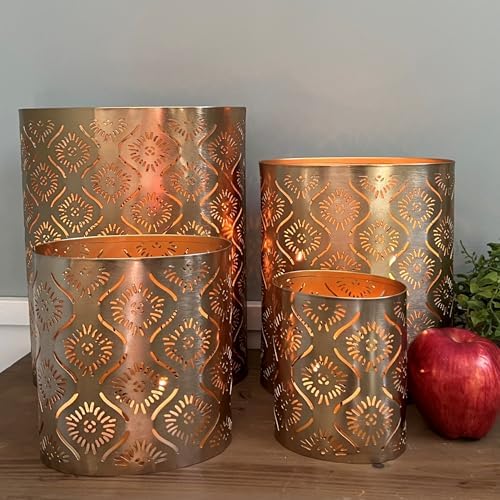 Modernist Metal Candle Holder Set Gold Star Gazer Lattice Set of 4