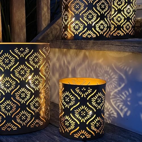 Modernist Metal Candle Holder Set Gold Star Gazer Lattice Set of 4