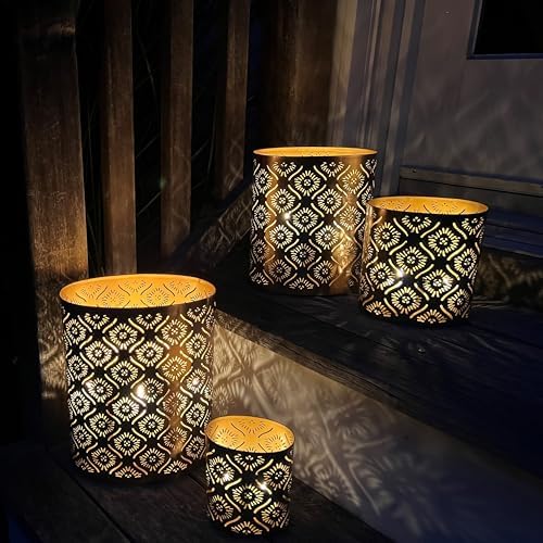 Modernist Metal Candle Holder Set Gold Star Gazer Lattice Set of 4