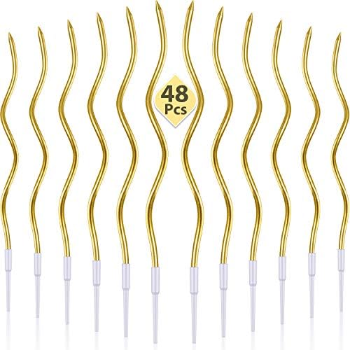 BBTO 48-Piece Metallic Gold Spiral Twisted Birthday Candles with Plastic Holders