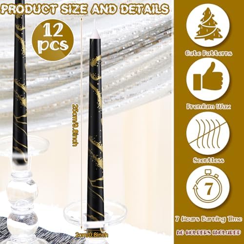 12-Piece Set of Black Taper Candles for Home Events
