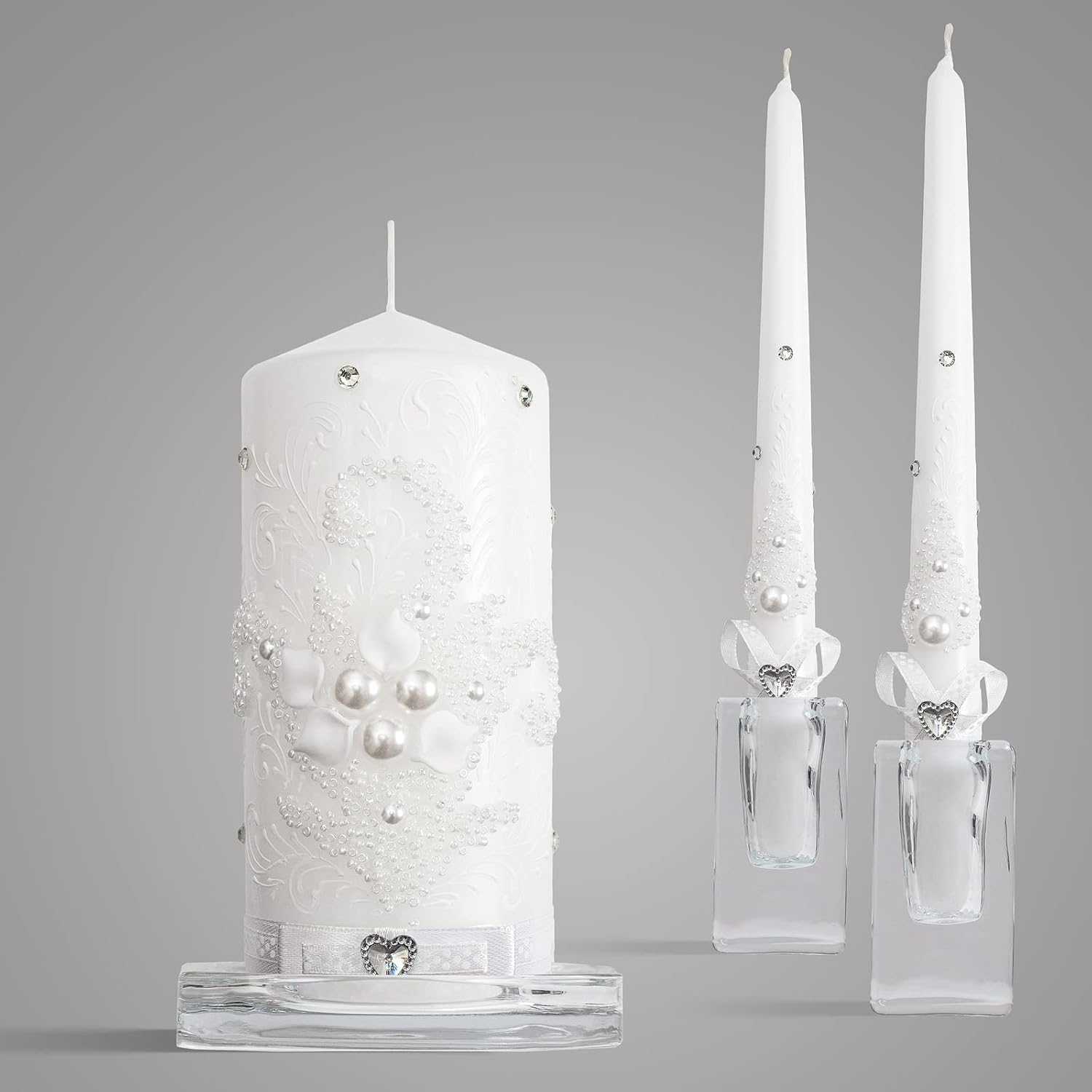 Perfect Wedding Candle Set with White Pearls and Crystals Optional Holder