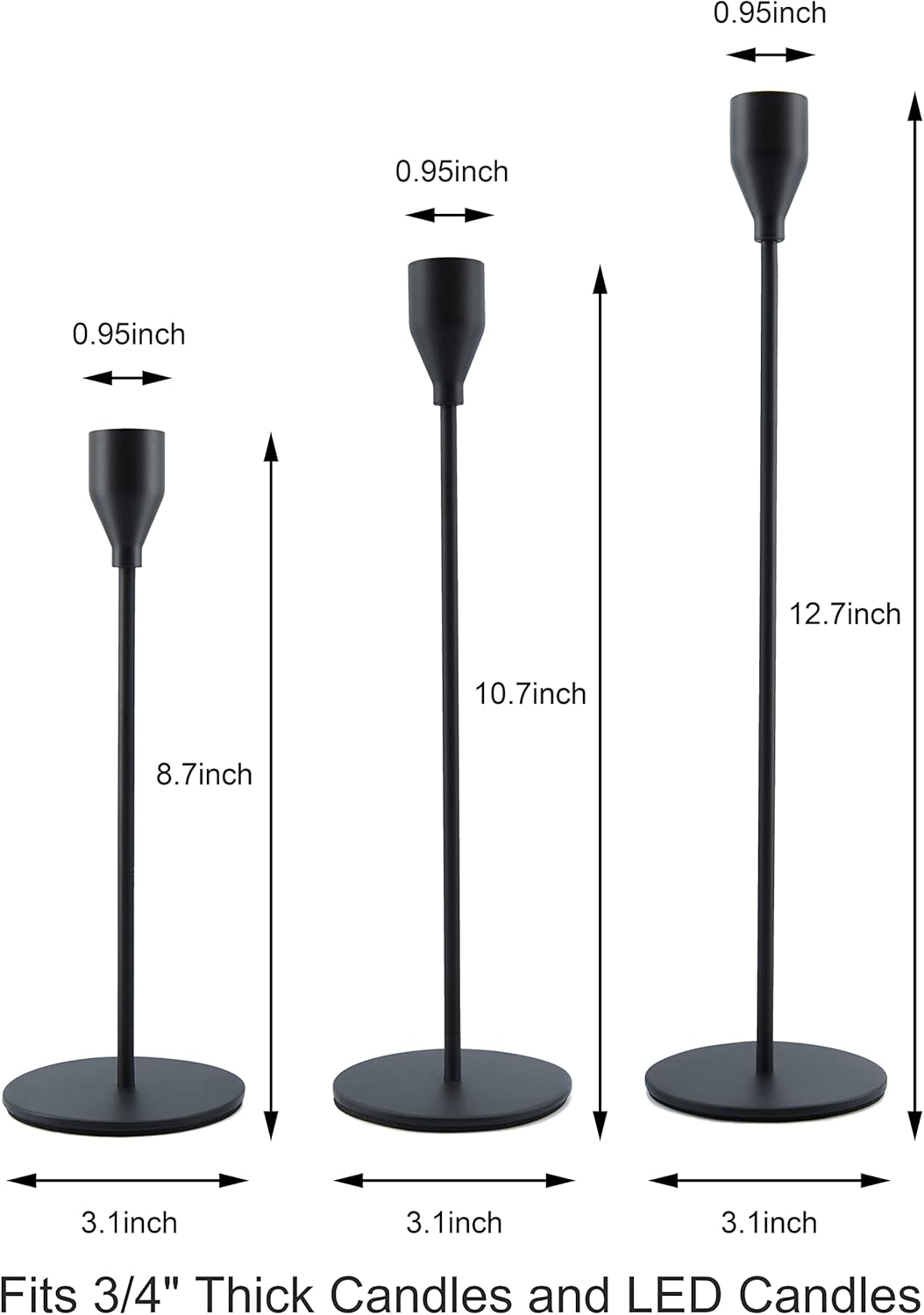 Matte Black Taper Candle Holder Set 3 Different Sizes