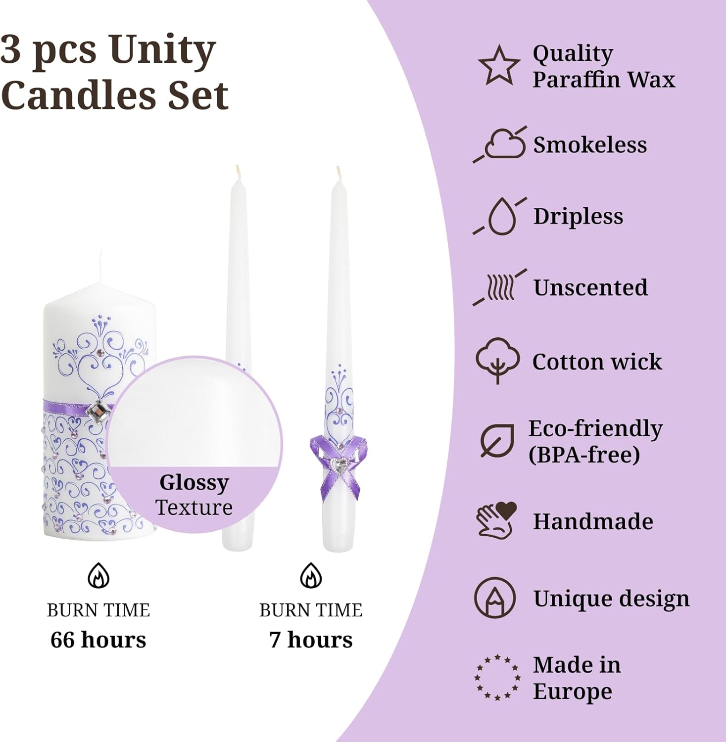 Unity Violet Wedding Candles Set - 3 Luxury Unity Candles