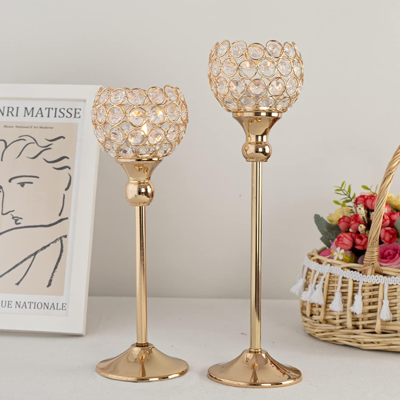 Vincigant Gold Crystal Candle Holders Set of 2 - Elegance for Any Occasion