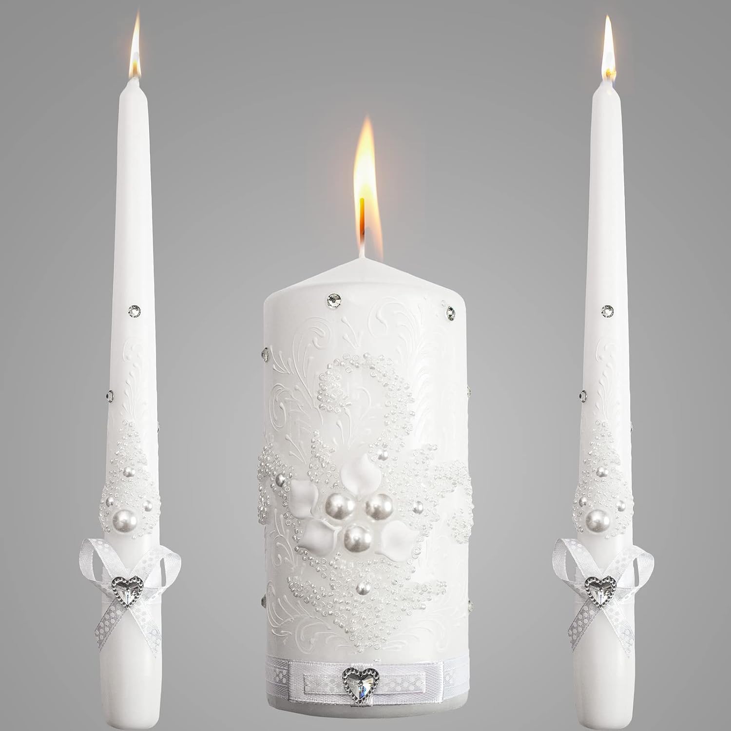 Perfect Wedding Candle Set with White Pearls and Crystals Optional Holder