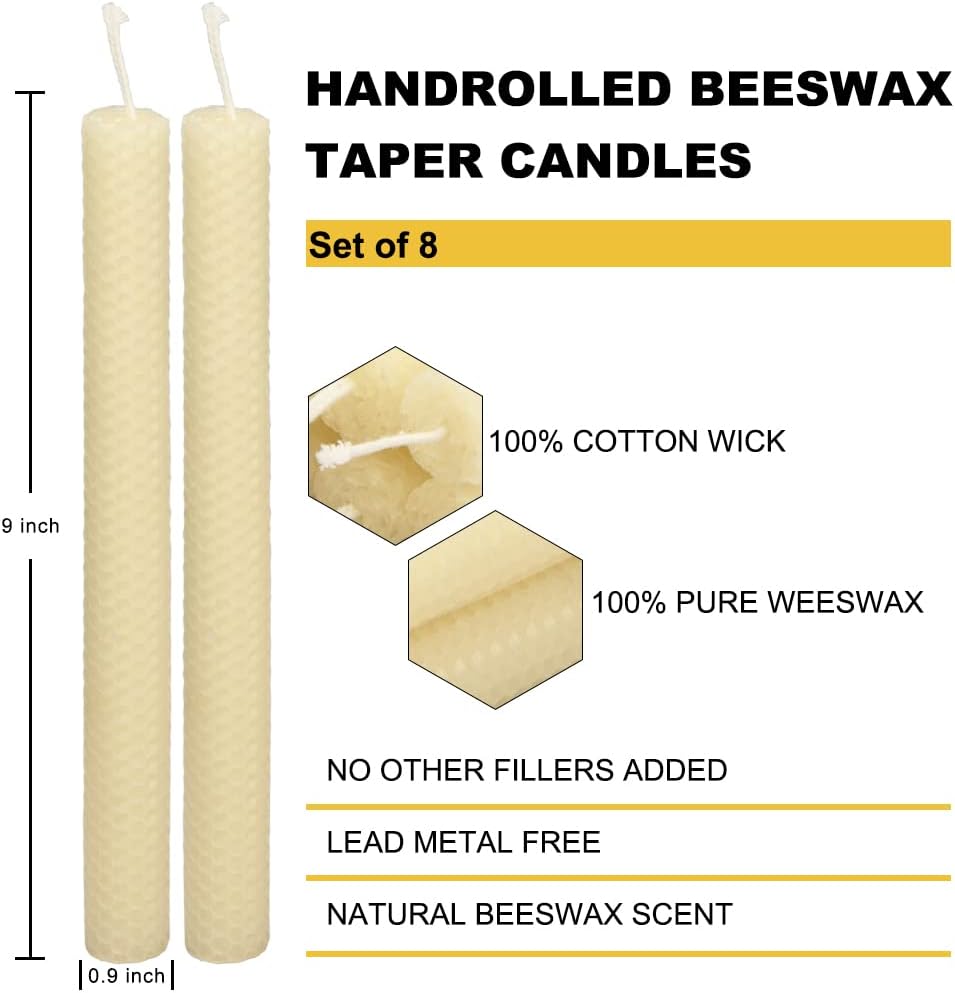 8-Pack 9 Hand-Rolled Beeswax Taper Candles Handmade Pure Soft Reusable