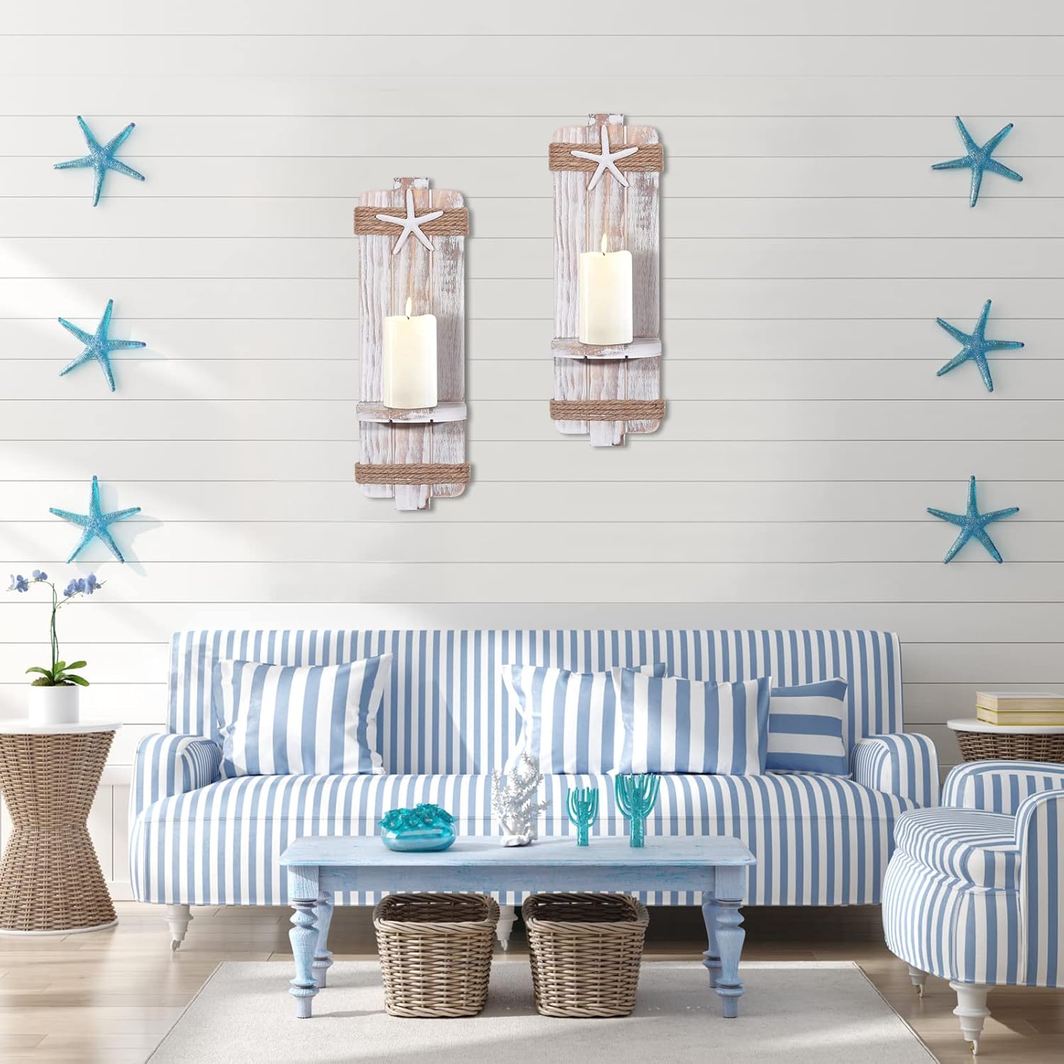 Coastal Wall Sconces Rustic Starfish Set of 2