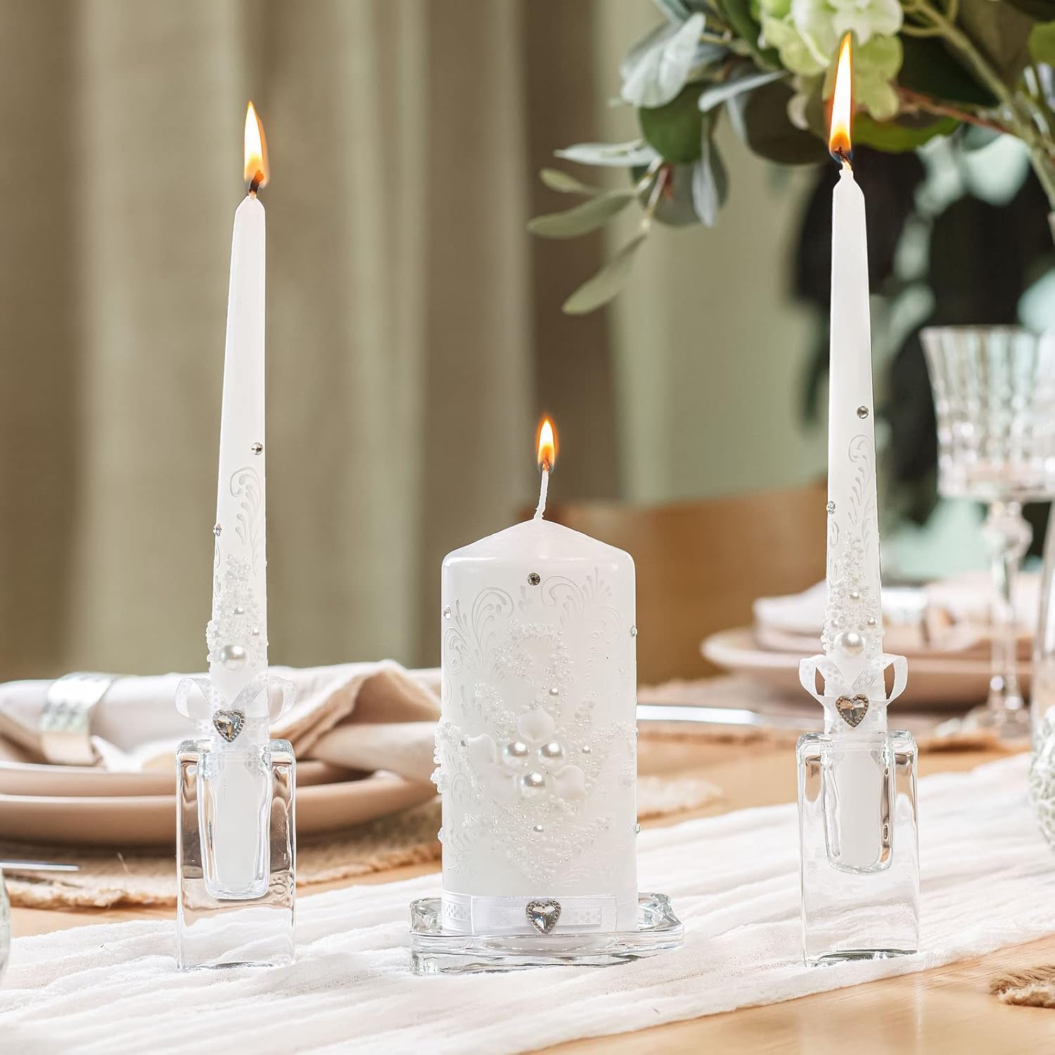 Perfect Wedding Candle Set with White Pearls and Crystals Optional Holder