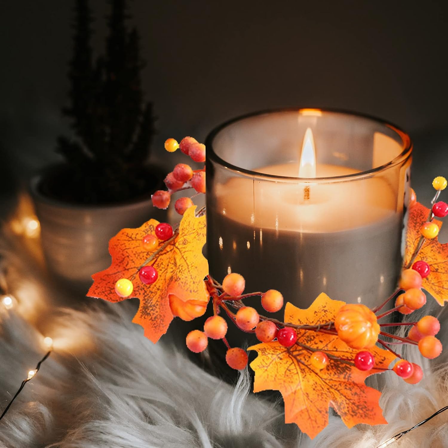 6 PC Halloween Thanksgiving Artificial Pumpkin Leaf Candle Rings