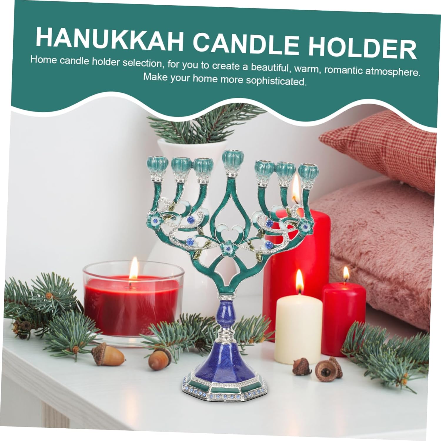 Hanukkah menorah candleholder with 7 branches handcrafted metal with stable base