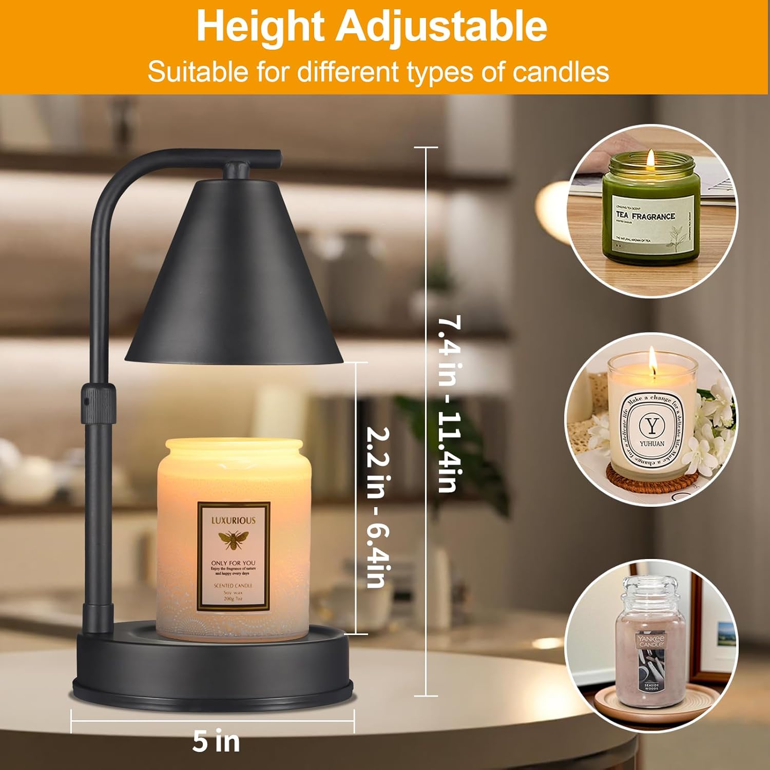 Adjustable Height Black Metal Candle Warmer Lamp