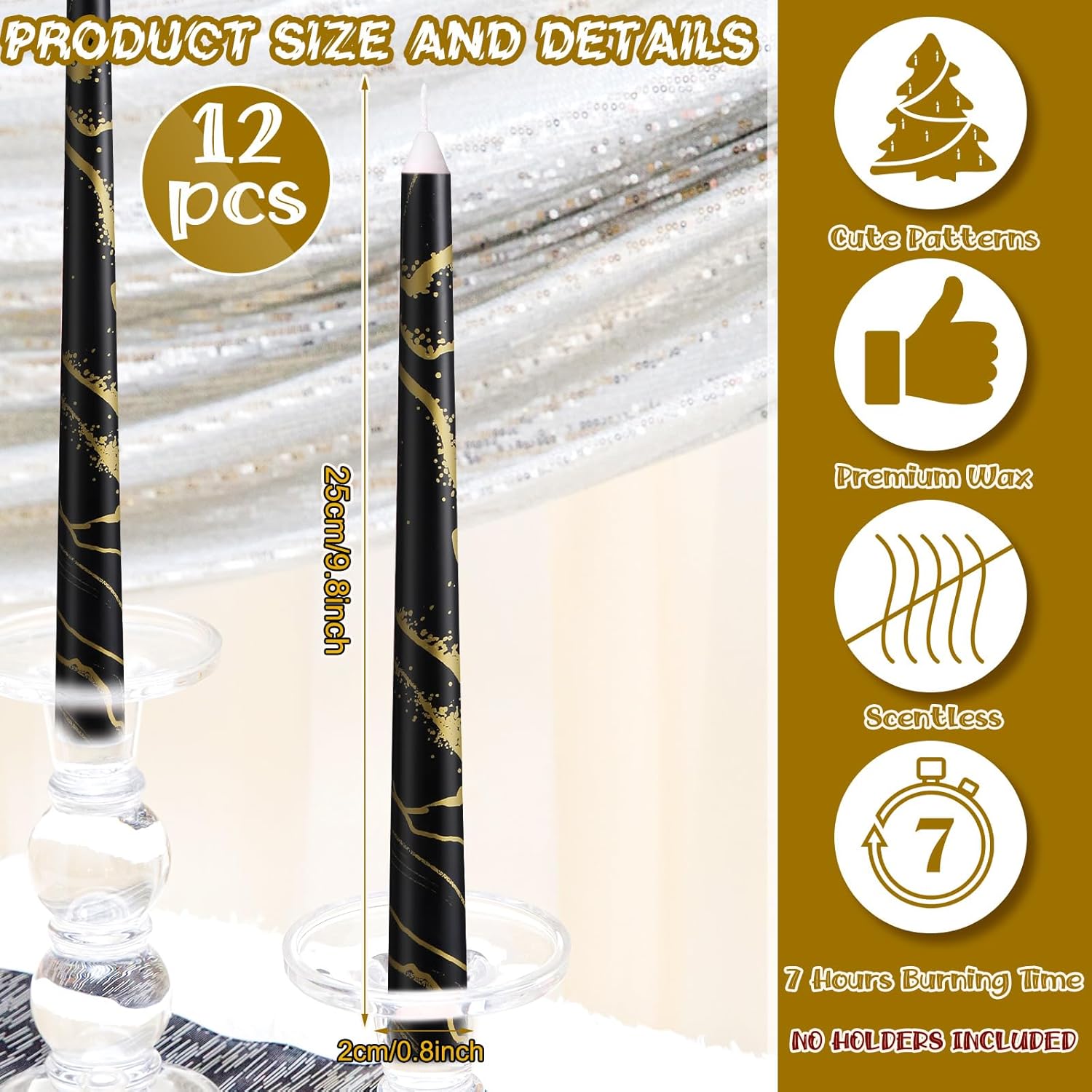 12-Piece Set of Black Taper Candles for Home Events