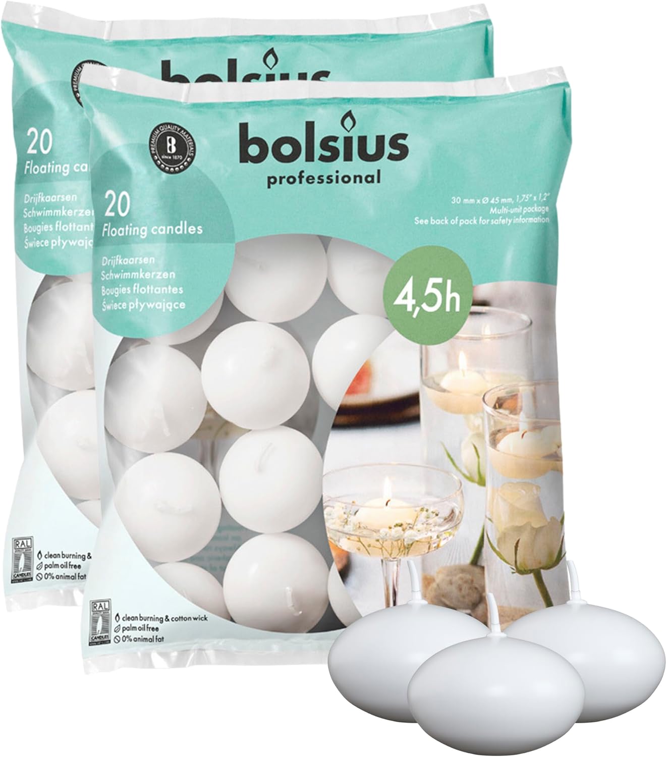BOLSIUS 175 White Floating Candles Set of 40 - Elegant Party Accessories