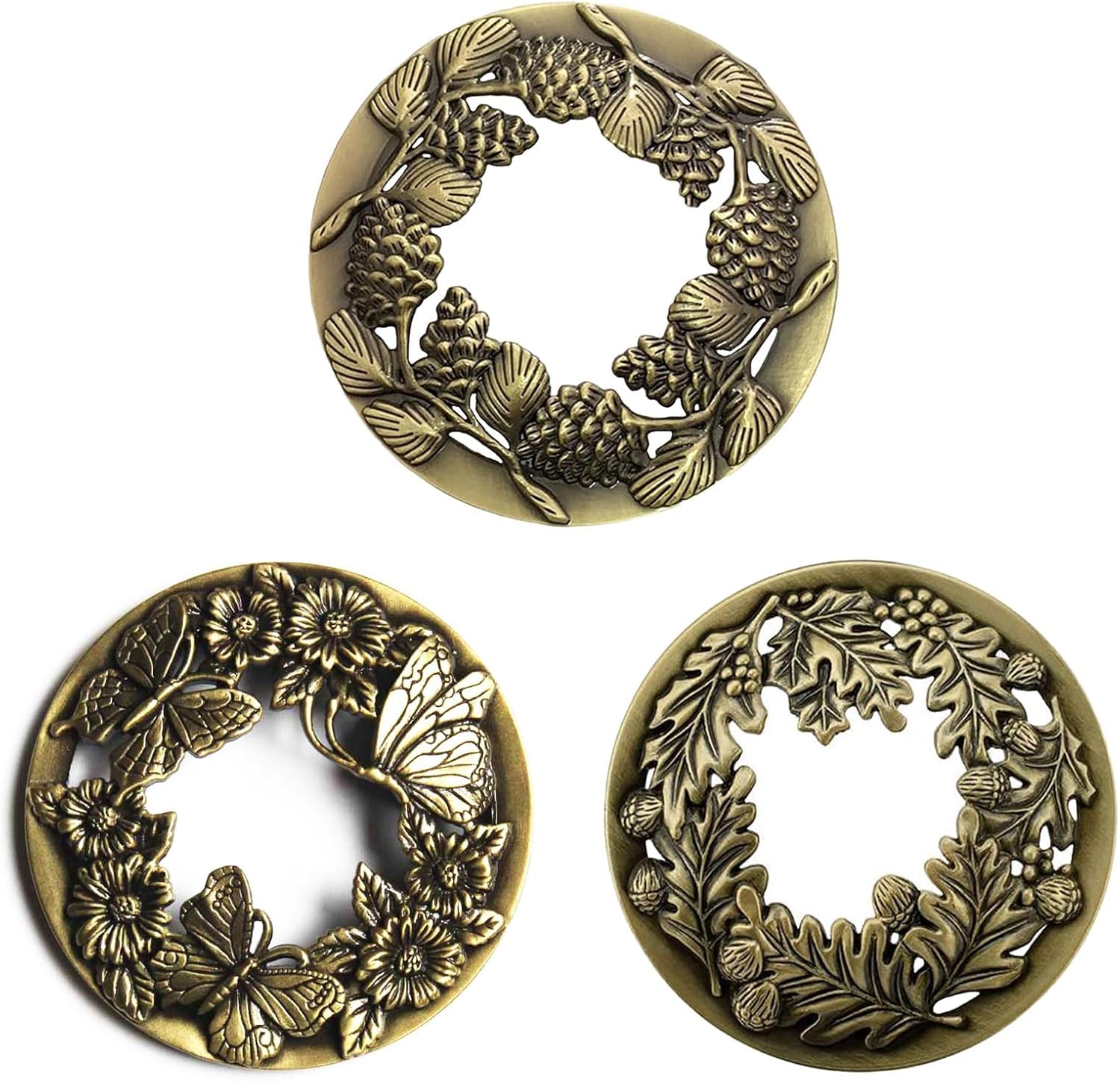 Three antique bronze candle jar toppers