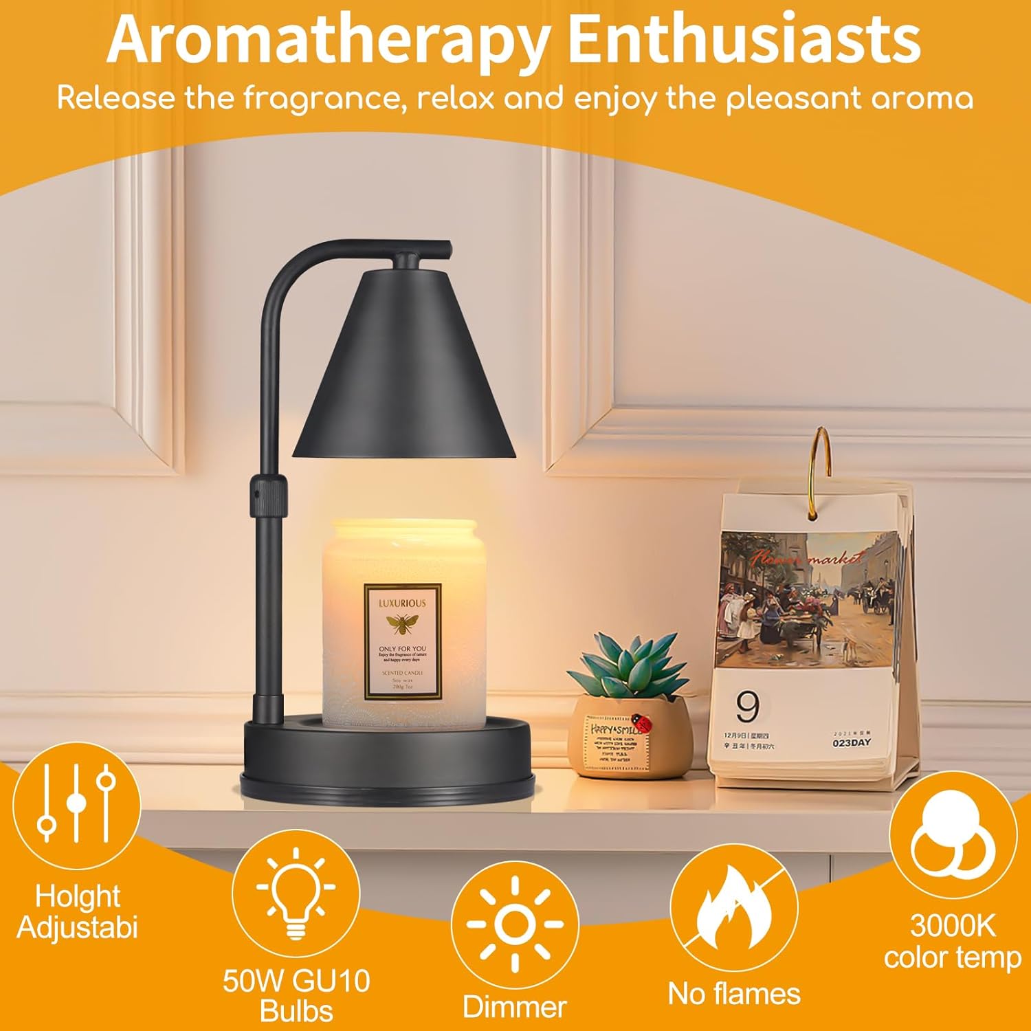 Adjustable Height Black Metal Candle Warmer Lamp