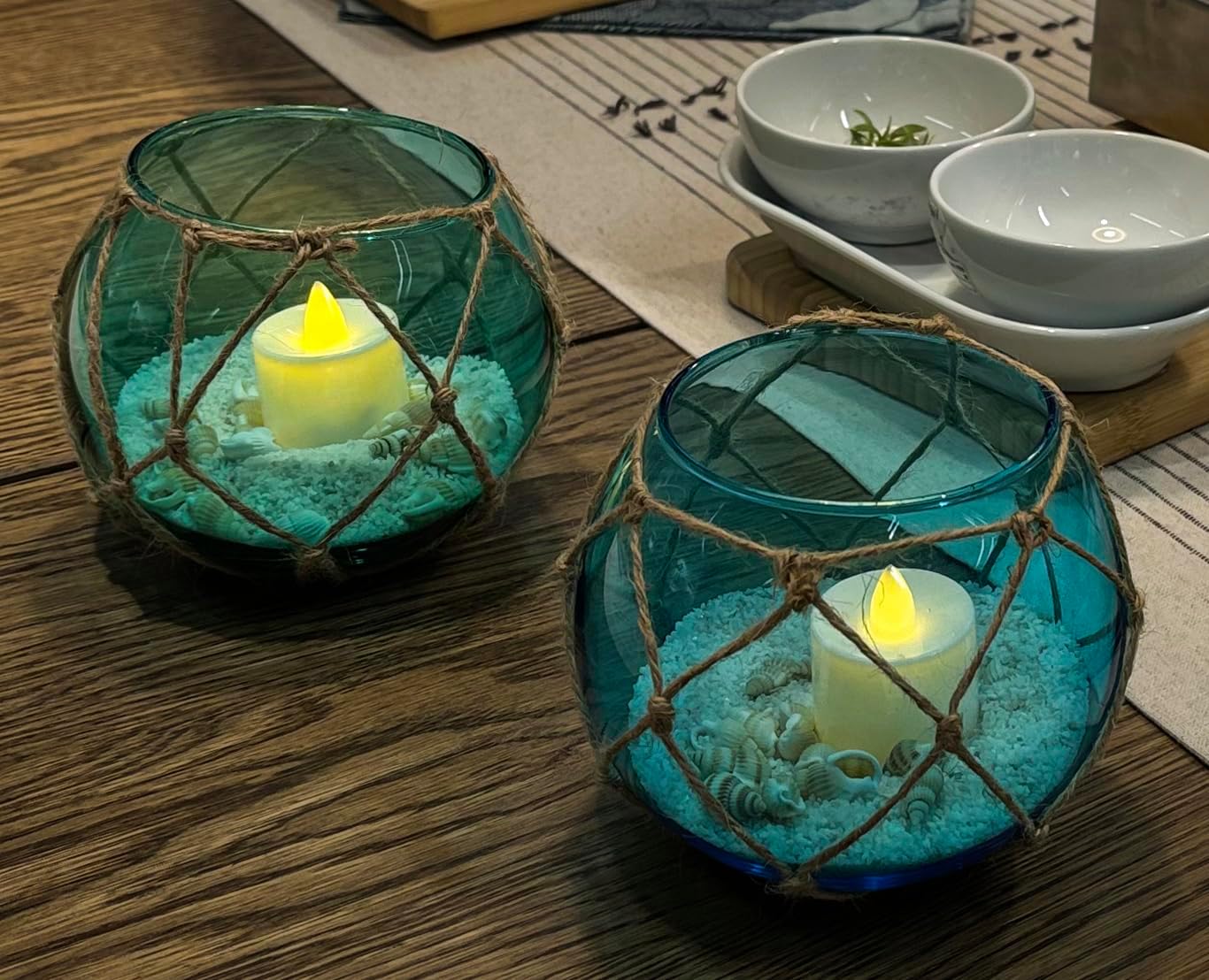 SAILINGSTORY Nautical Glass Fishing Float Tealight Candle Holder Set of 2