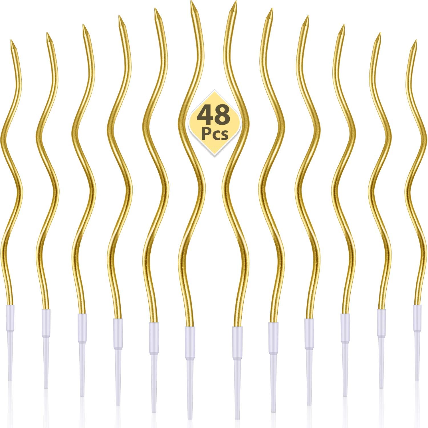BBTO 48-Piece Metallic Gold Spiral Twisted Birthday Candles with Plastic Holders