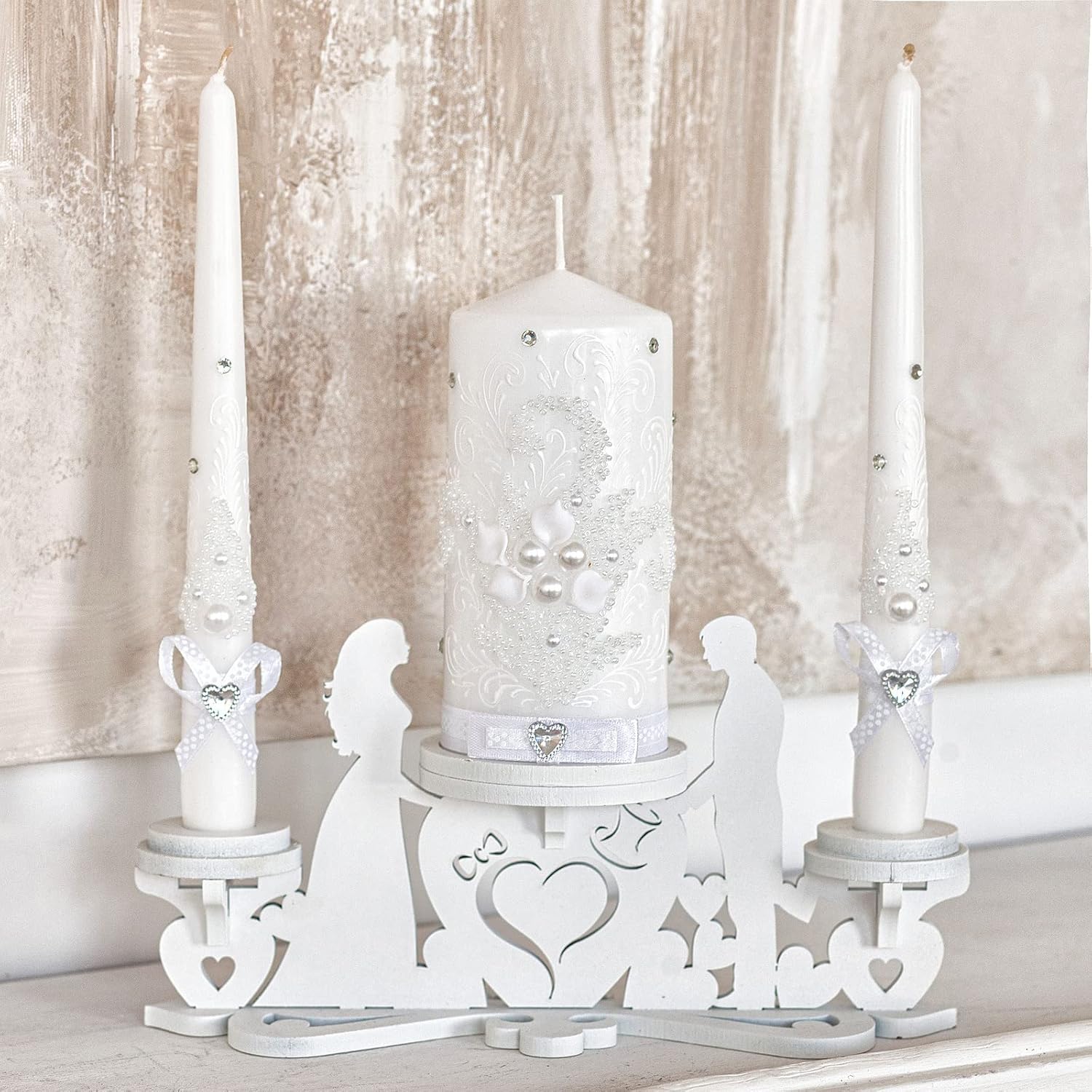 Perfect Wedding Candle Set with White Pearls and Crystals Optional Holder