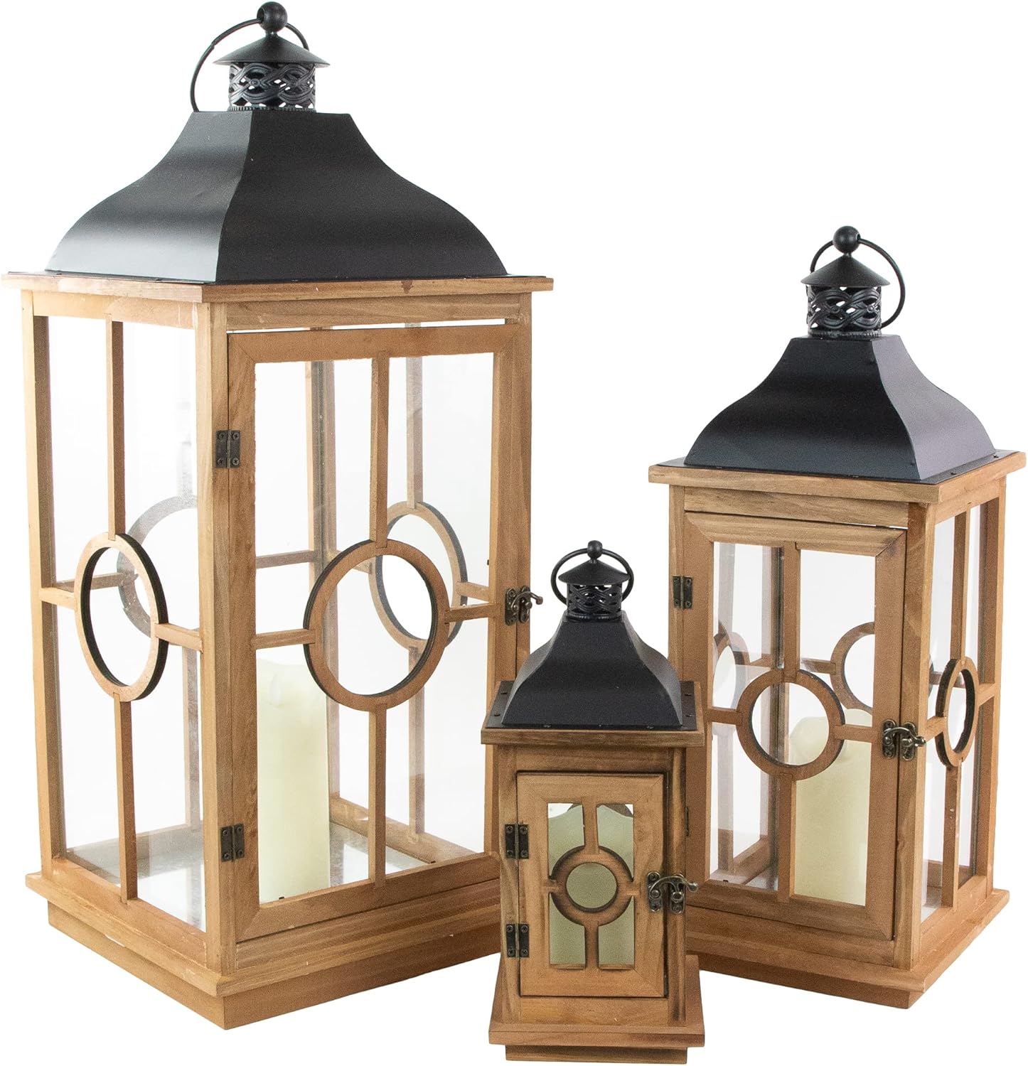 Set of 3 Natural Wood Candle Lanterns