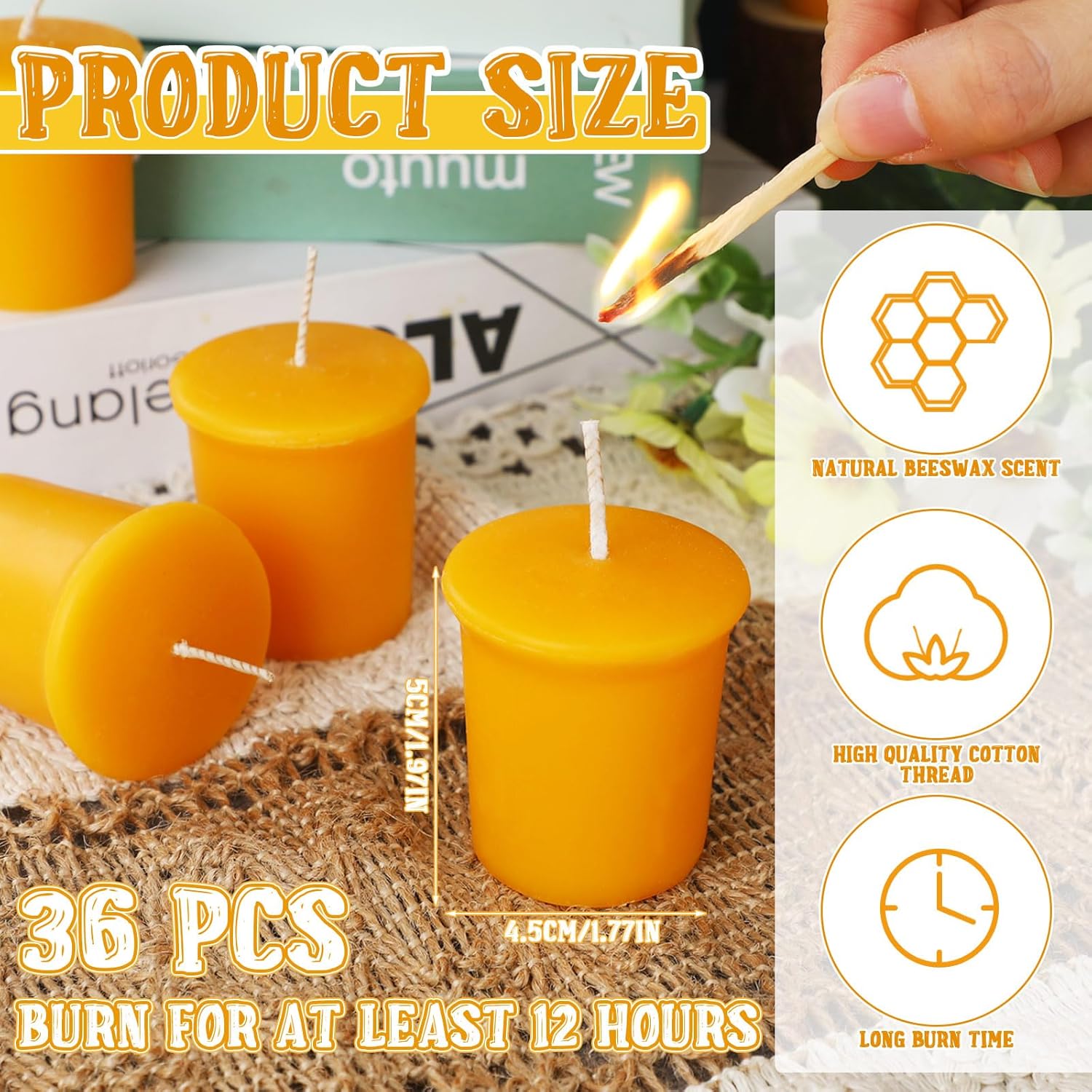36 Pcs Pure Beeswax Votive Candles 15-Hr Burn Time Home Event Gift