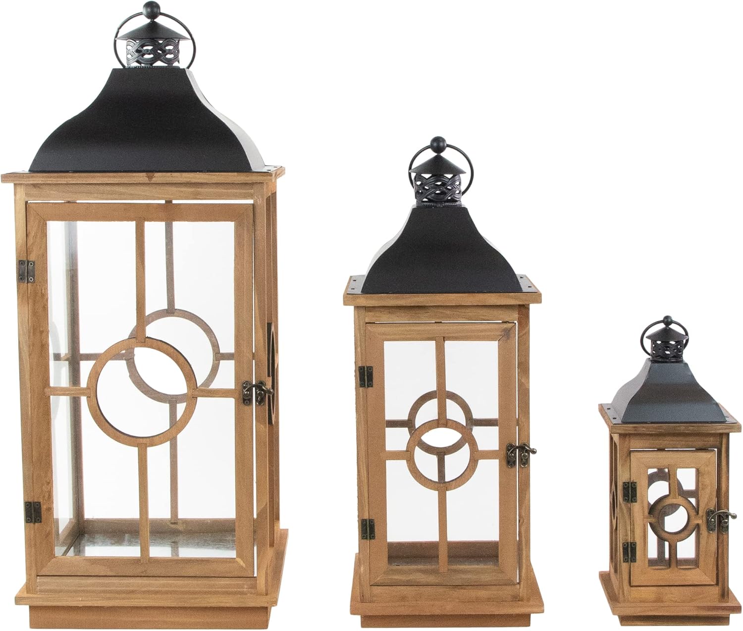 Set of 3 Natural Wood Candle Lanterns