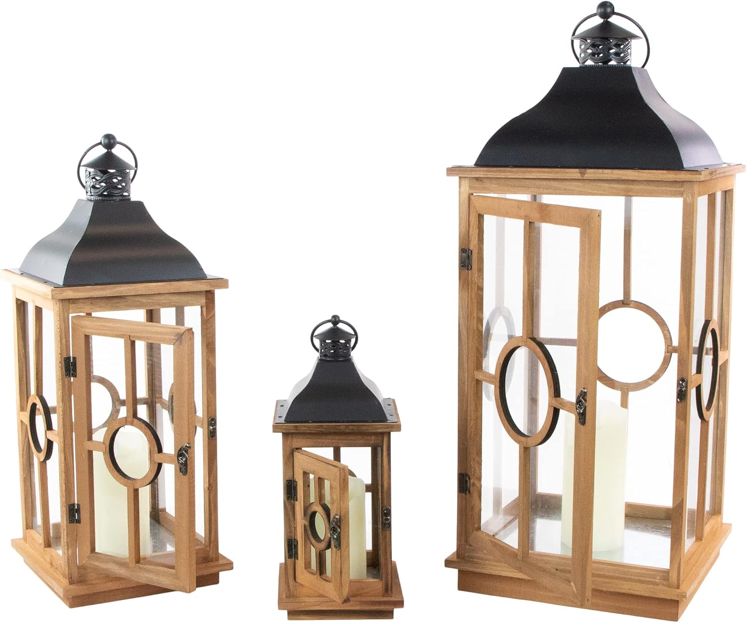 Set of 3 Natural Wood Candle Lanterns