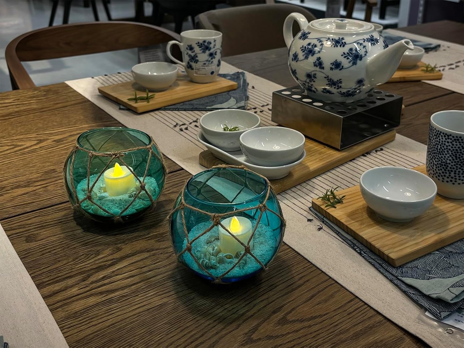 SAILINGSTORY Nautical Glass Fishing Float Tealight Candle Holder Set of 2