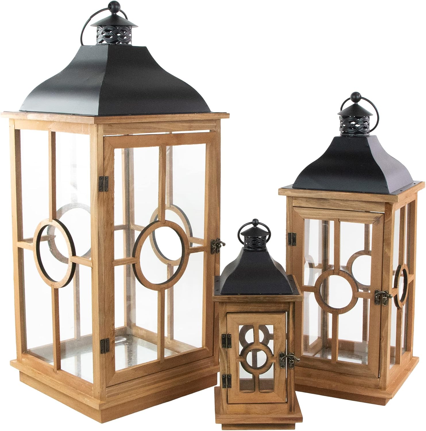 Set of 3 Natural Wood Candle Lanterns