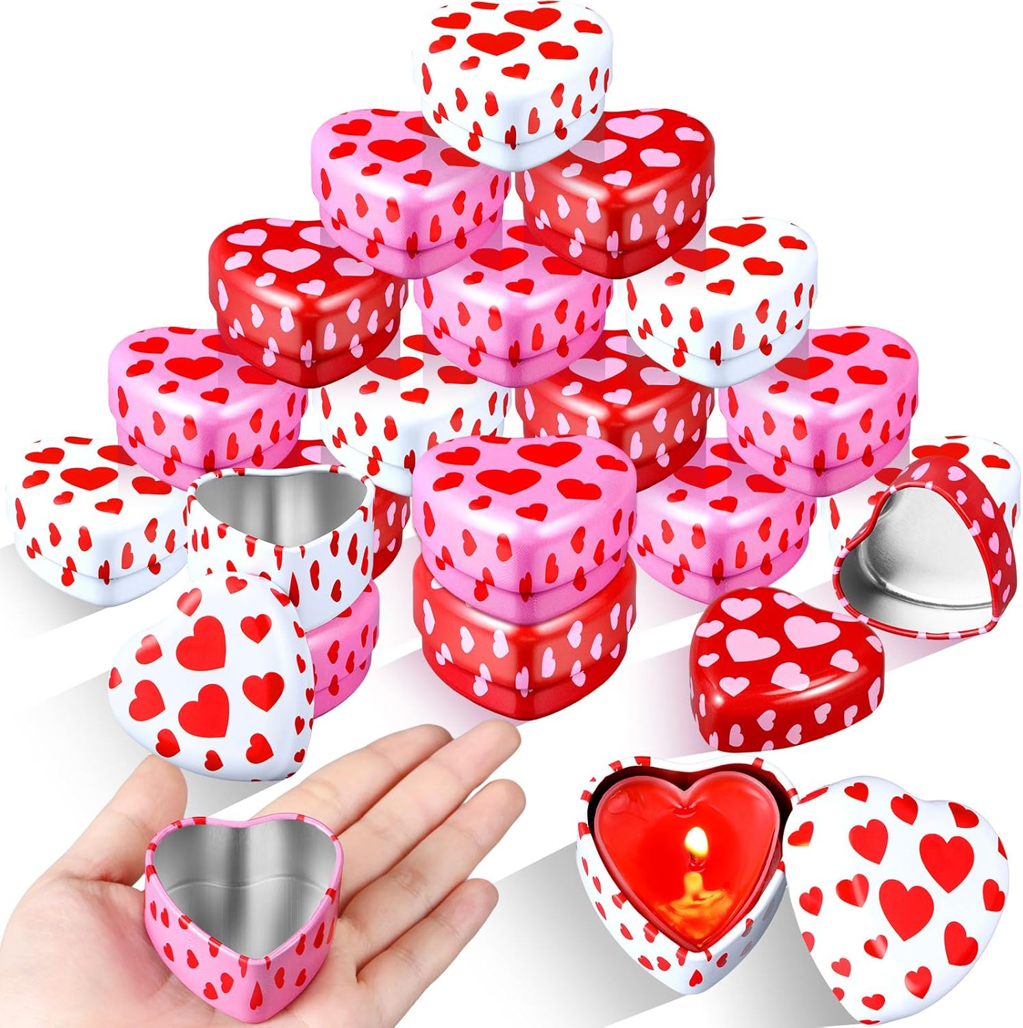 Valentines Heart Candle Tins - 24 Pcs Set