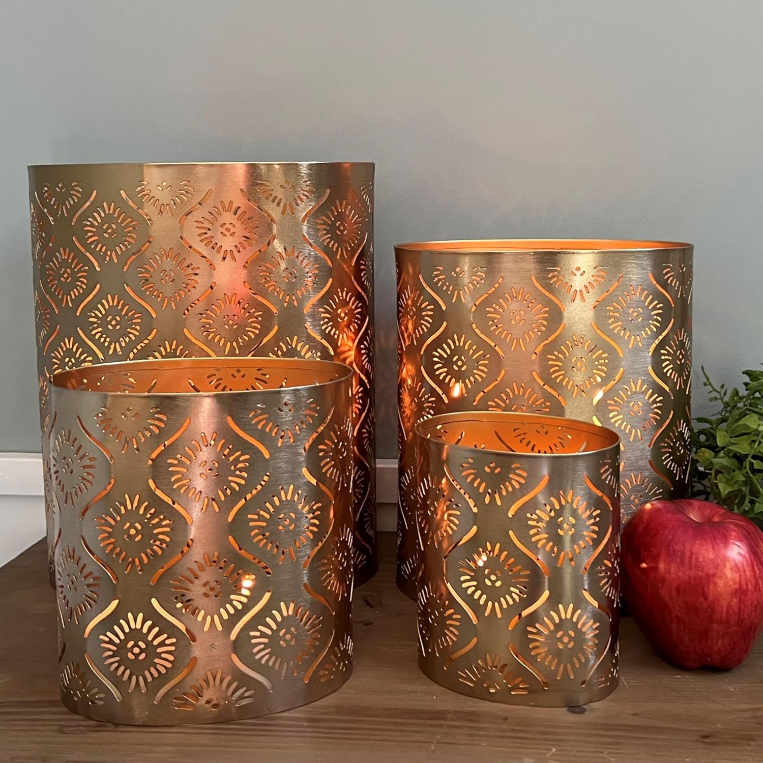 Modernist Metal Candle Holder Set Gold Star Gazer Lattice Set of 4