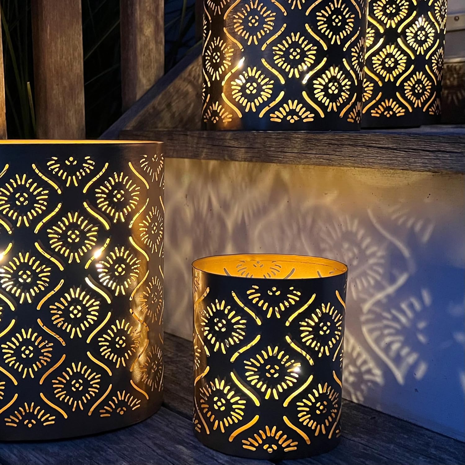 Modernist Metal Candle Holder Set Gold Star Gazer Lattice Set of 4