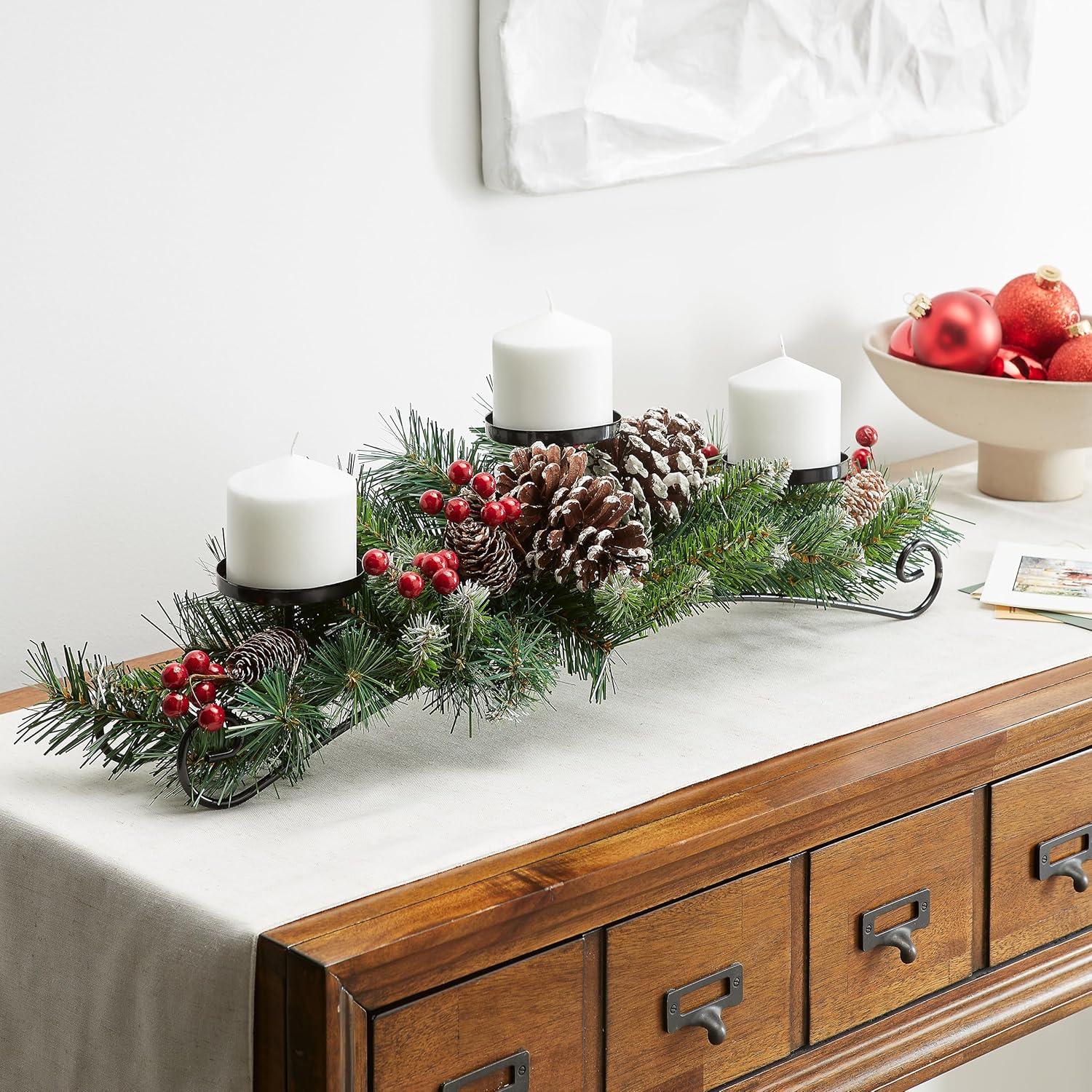Festive Christmas Centerpiece with 3 Candle Holders