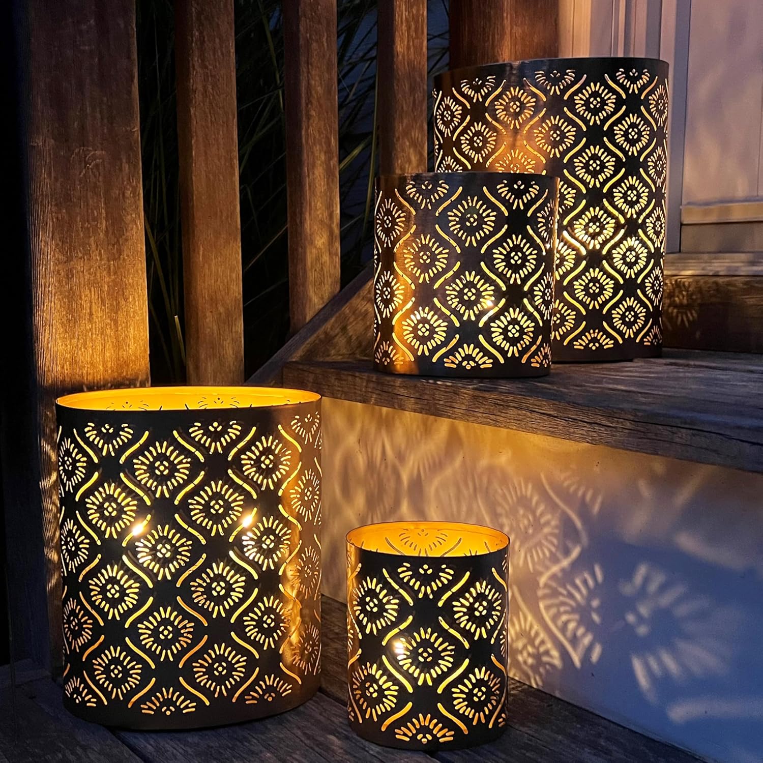 Modernist Metal Candle Holder Set Gold Star Gazer Lattice Set of 4