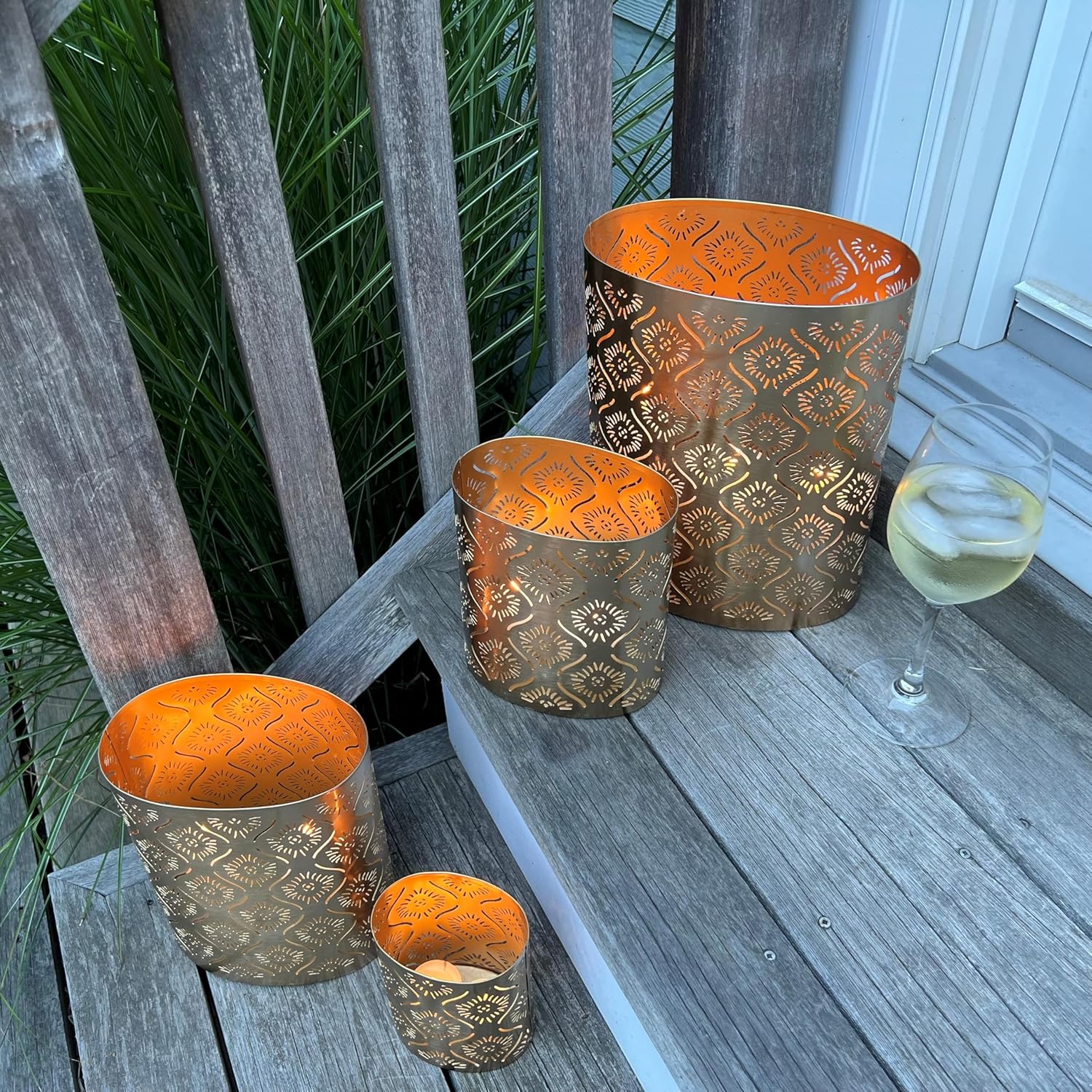 Modernist Metal Candle Holder Set Gold Star Gazer Lattice Set of 4