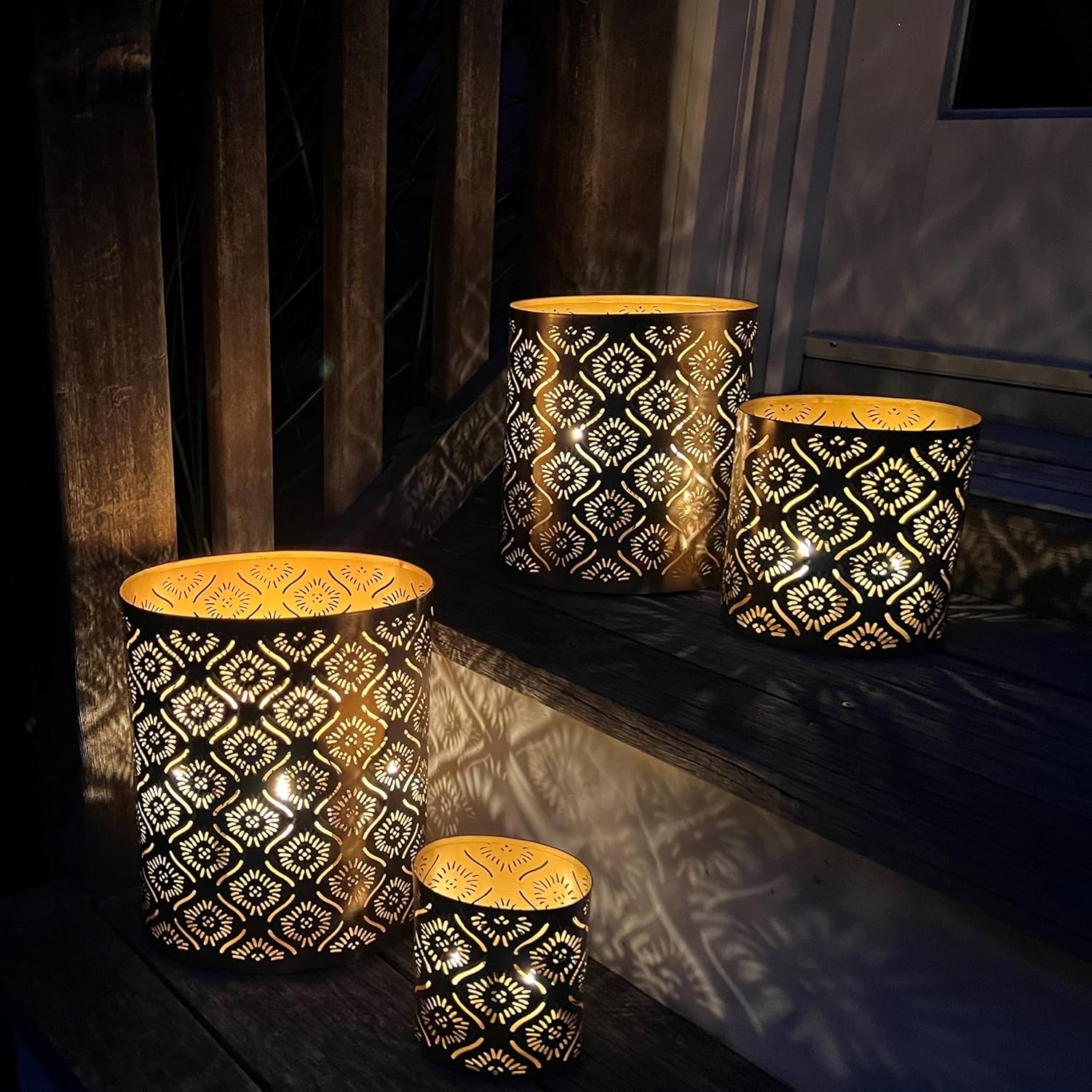 Modernist Metal Candle Holder Set Gold Star Gazer Lattice Set of 4